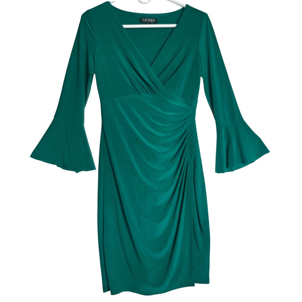 Lauren Ralph Lauren Green Bell Sleeve Ruched Sheath Dress Size 4 Holiday Party